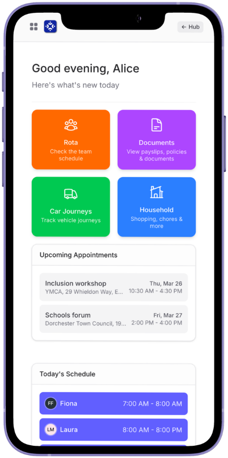 SupportManager mobile app showing rota management interface on iPhone